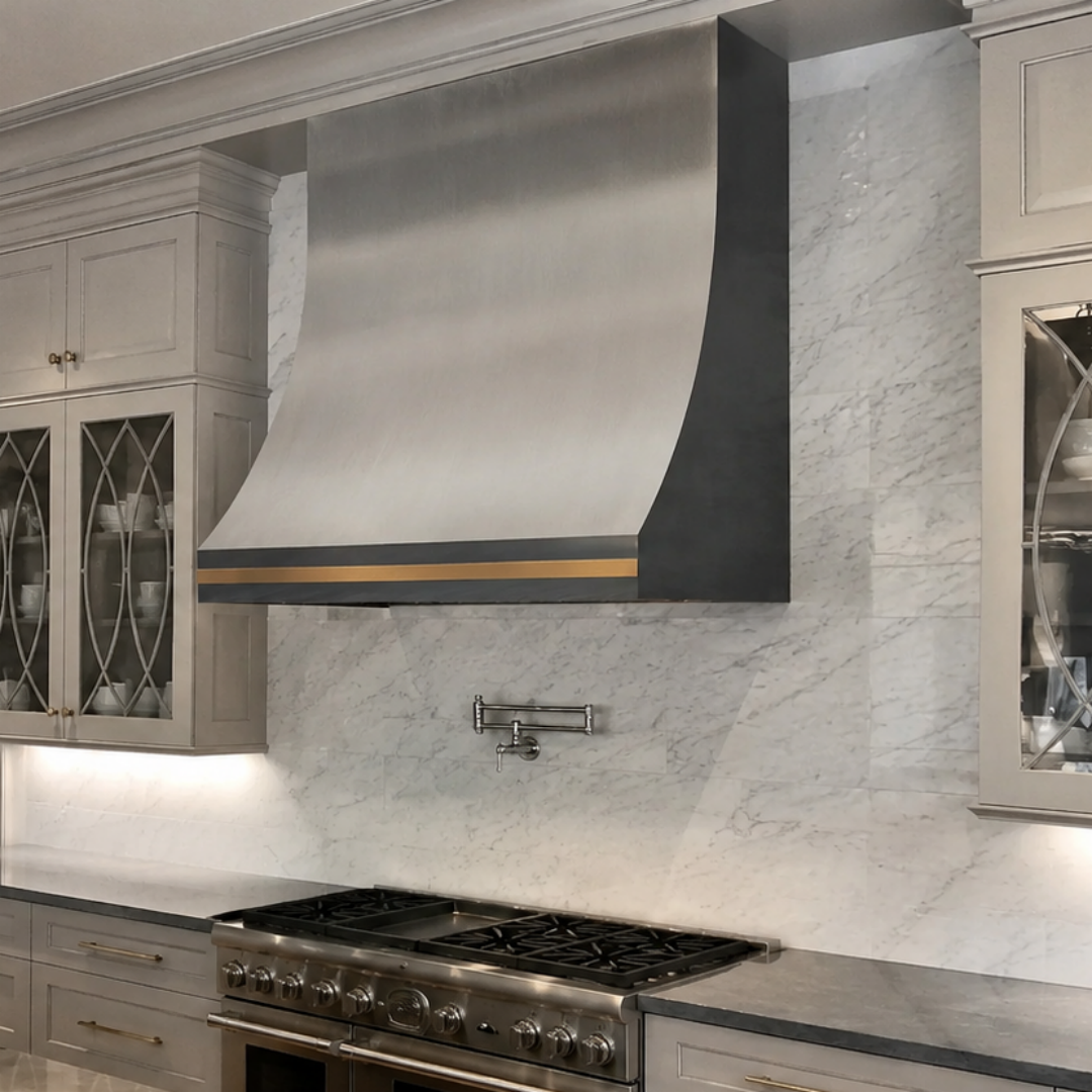 Fobest Custom Stainless Steel Range Hood with Signature Brass Straps FSS-598