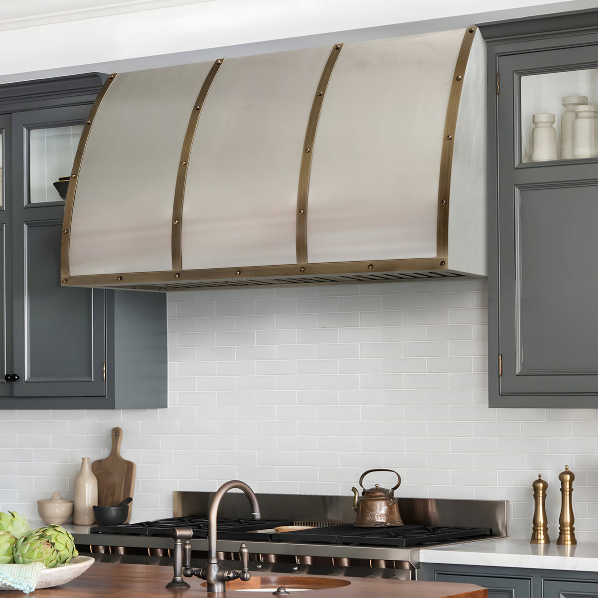 Fobest Designer Stainless Steel Range Hood with Aged Brass Straps FSS-709
