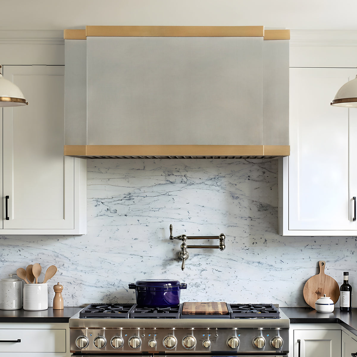 Fobest Double Stainless Steel Range Hood with Brushed Brass Accents FSS-731