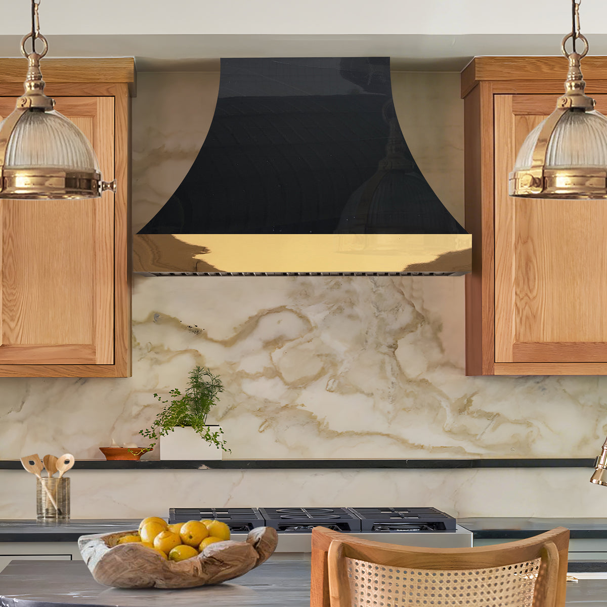 Fobest Glossy Black Custom Range Hood with Polished Brass Apron FSS-552