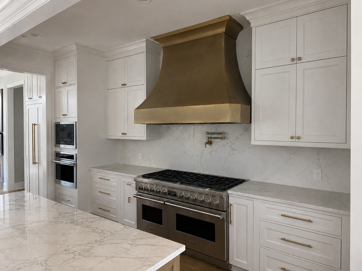 Fobest Sculptural Brushed Brass Kitchen Range Hood with Geometric Dimensional Design FSS-546