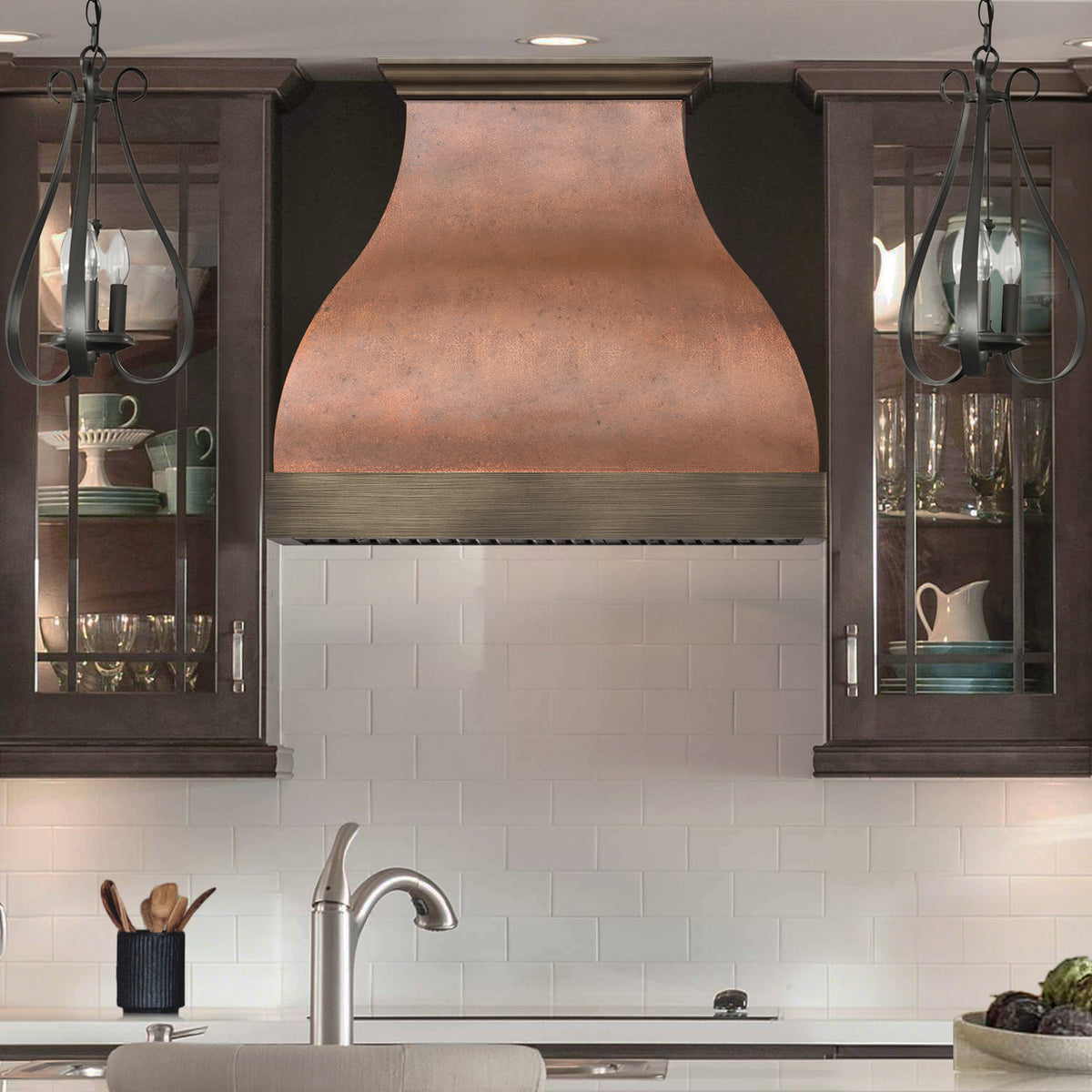 Fobest Vintage Copper Custom Range Hood with Aged Brass Accents for Modern Rustic Kitchens FCP-335