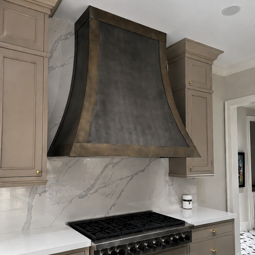 Fobest Zinc Range Hood with Antique Brass Trim and Flared Shape FSS-395