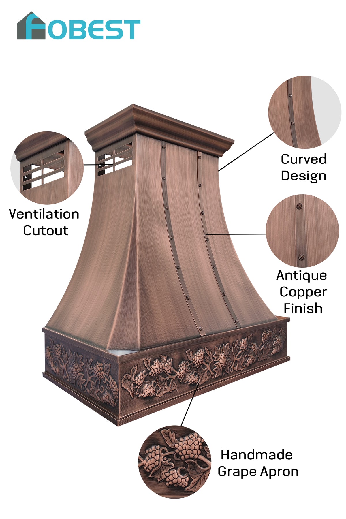 Handmade Copper range hood with decorative elements and FOBEST branding
