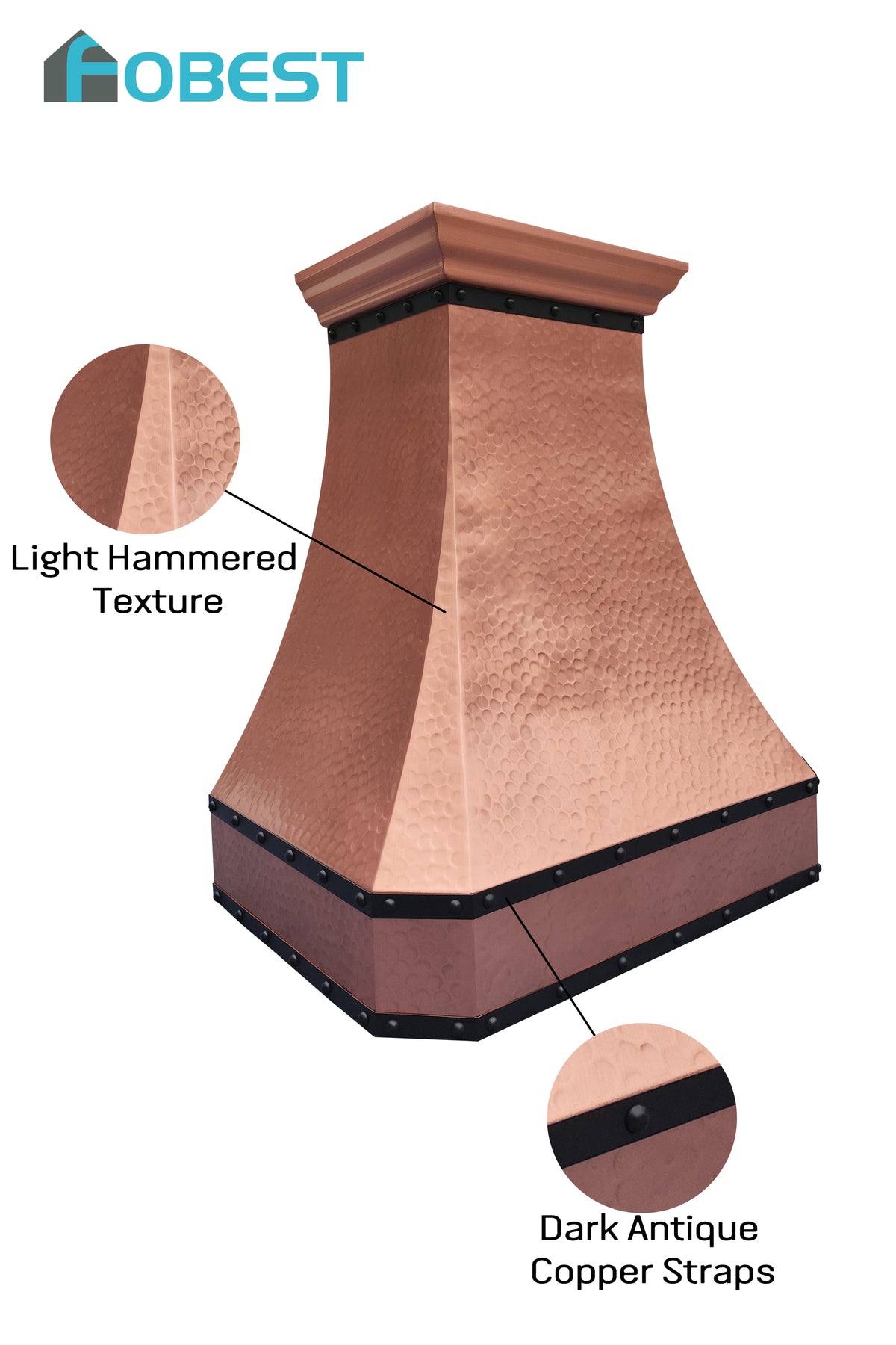 Copper range hood with light hammered texture and dark antique copper straps