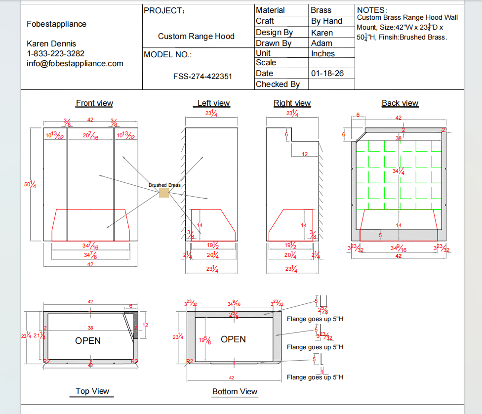 FOBEST Custom Metal Range Hood- FSS-274 Custom Link for Brad