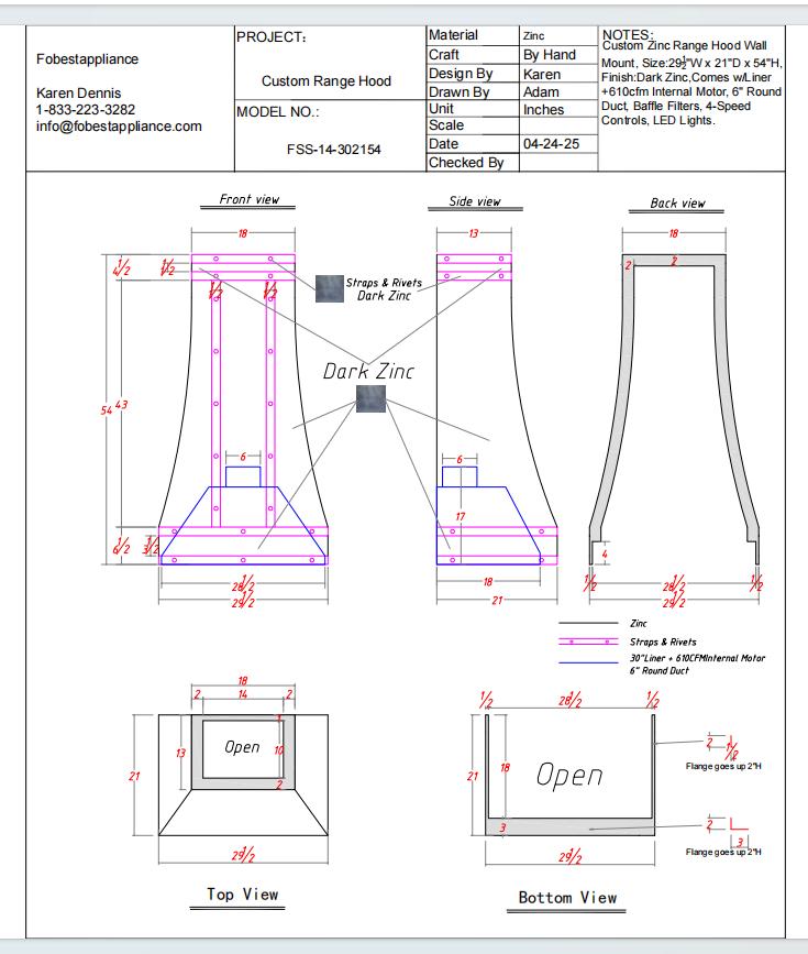 Fobest Custom Range Hood - Custom Link for Andrea Venenga