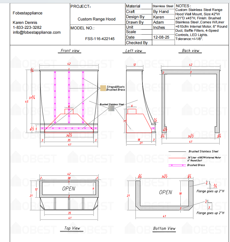 Fobest Custom Metal Range Hood FSS-116 Custom Link for Jennifer
