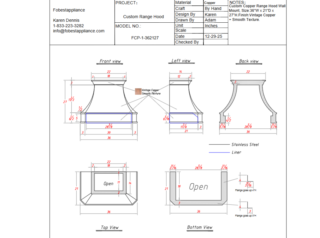 FOBEST Custom Range Hood-FCP-1 Custom Link for Anne