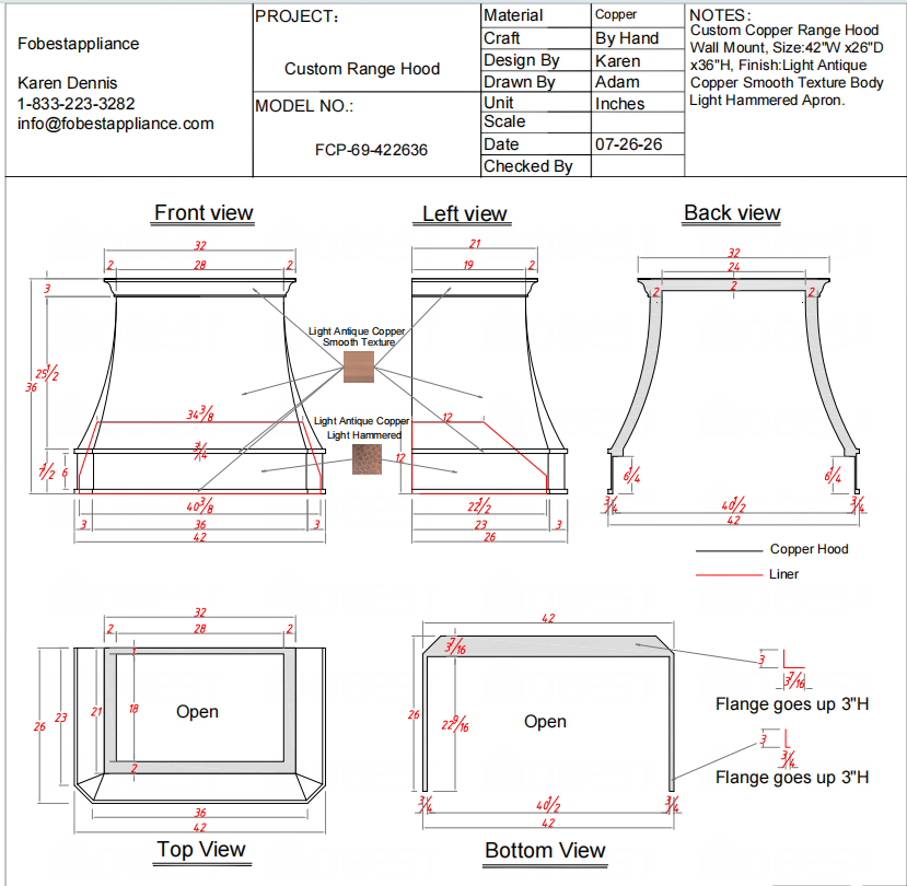 Fobest Custom Range Hood-FCP-69 Copper Metal Range Hood Custom Link for Sydney