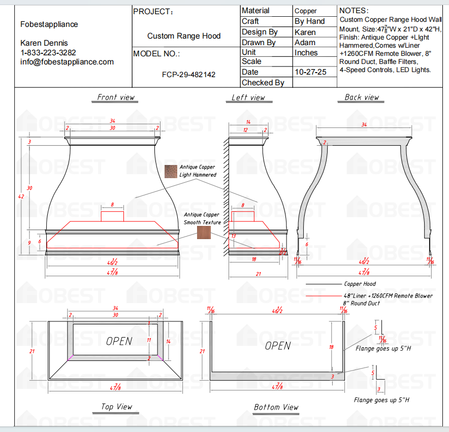 Fobest Custom Metal Range Hood FCP-29 - Custom Link for Ryan
