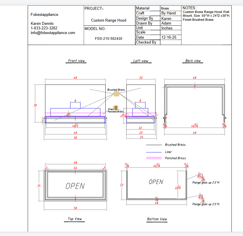 Fobest Custom Range Hood-Hood Model FSS-215 Custom Link for Bryan