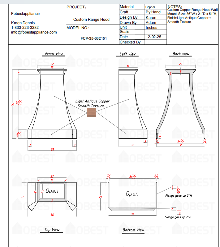 Fobest Custom Metal Range Hood FCP-35 Custom Link for Angela McCormick