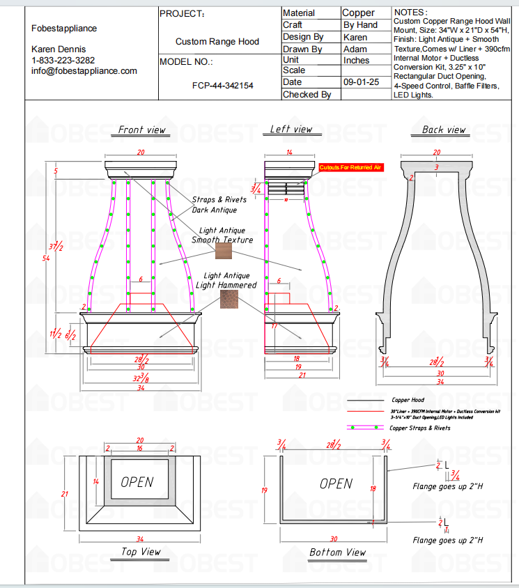 Fobest Custom Kitchen Range Hood - Custom Link for Vicki