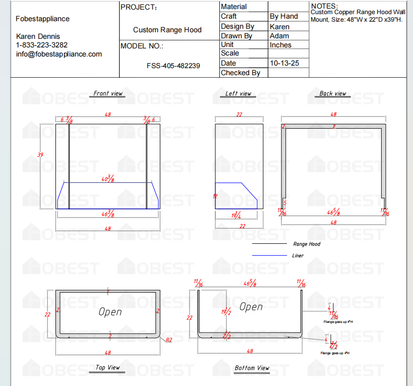 Fobest Custom Metal Range Hood FSS-405 - Custom Link for Maleah Schilling