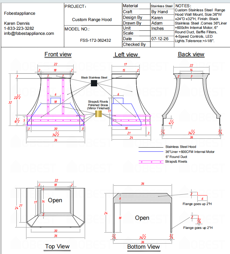 Fobest Custom Range Hood-FSS-172 Stainless Steel Metal Range Hood Custom Link for Heather