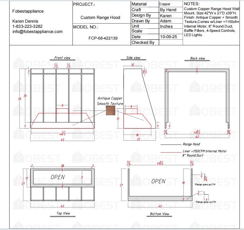 FOBEST Custom Range Hood FCP-68 Custom Link for Catherine
