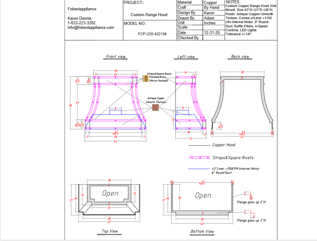FOBEST Custom Range Hood- FCP-220 Custom Link for Beth