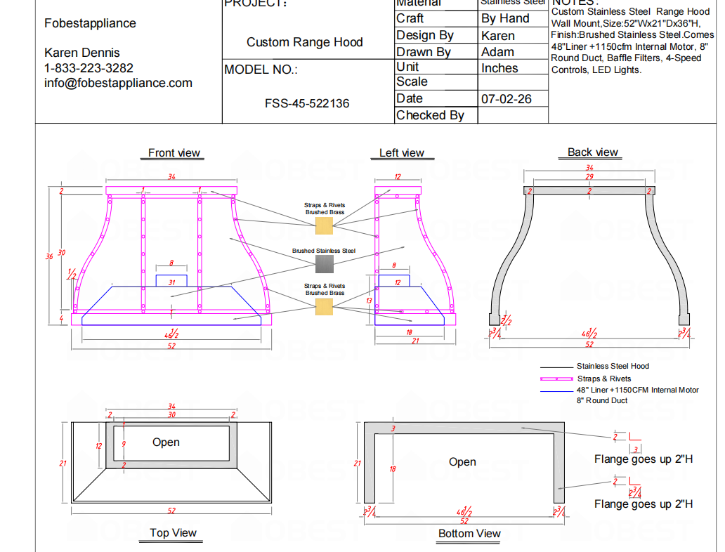 Fobest Custom Range Hood-FSS-45 Stainless Steel Range Hood Custom Link for Joel