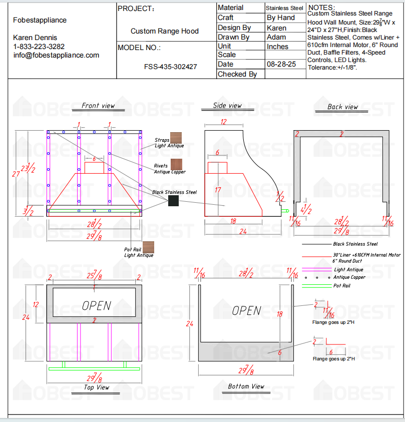 Fobest Custom Kitchen Vent Hood - Custom Link for Rebecca