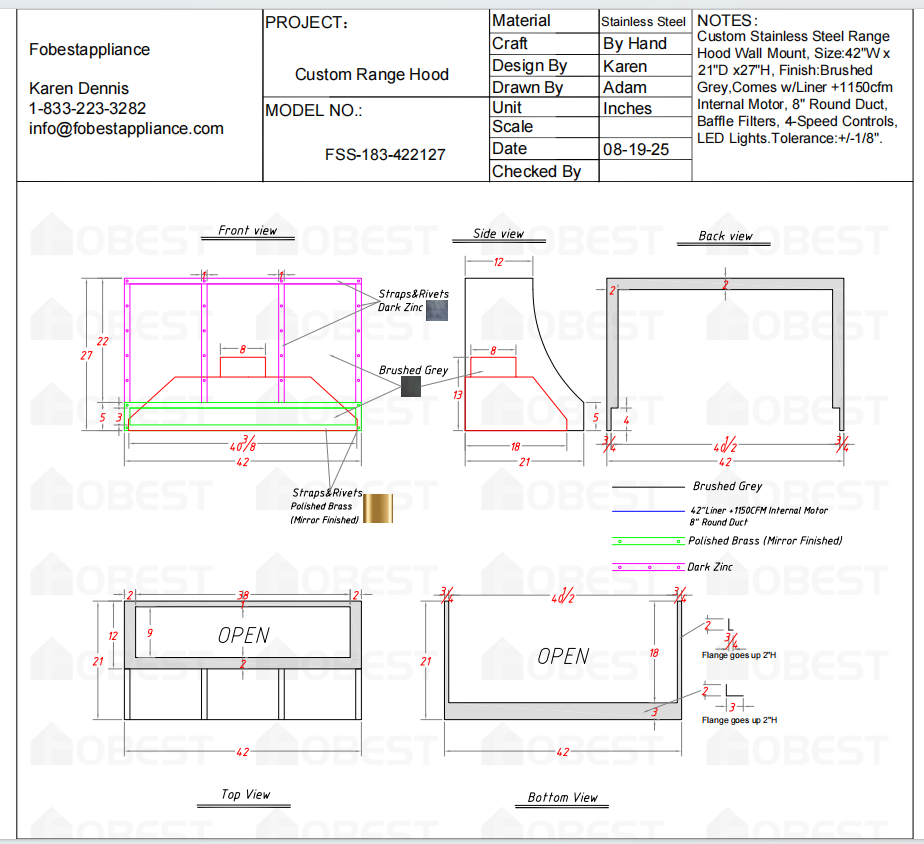 Fobest Custom Kitchen Vent Hood - Custom Link for Brianna
