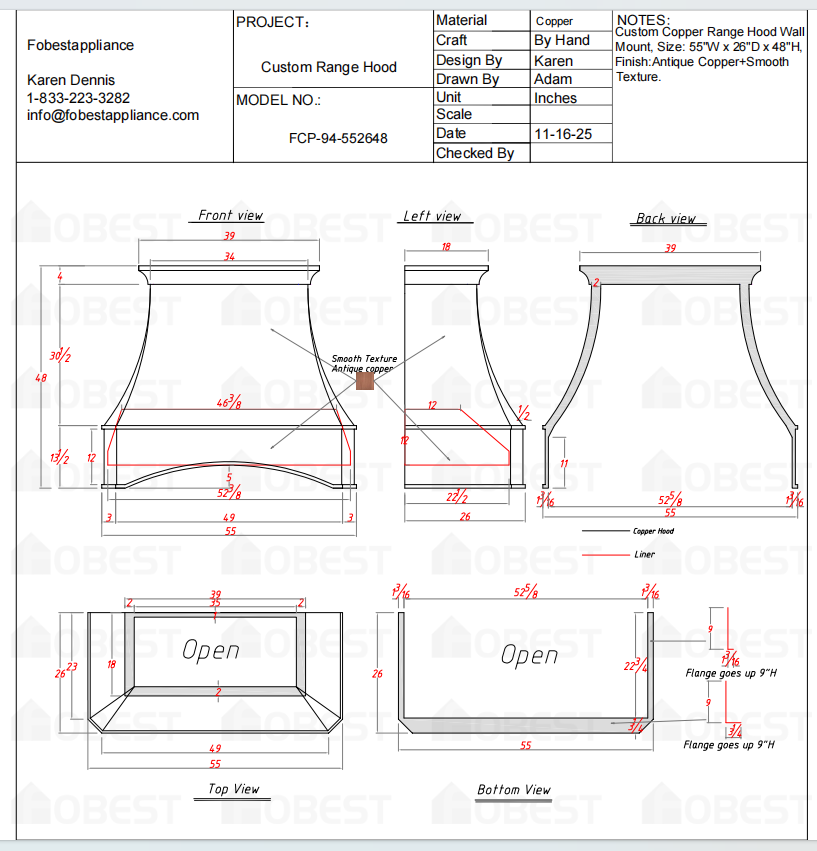 Fobest Custom Metal Range Hood FCP-94-Custom Link for Cody Anno