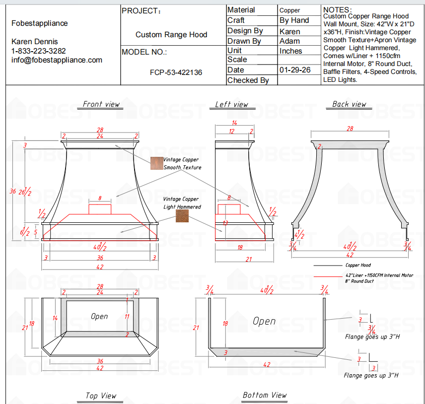 FOBEST Custom Range Hood FCP-53 Custom Link for Robin