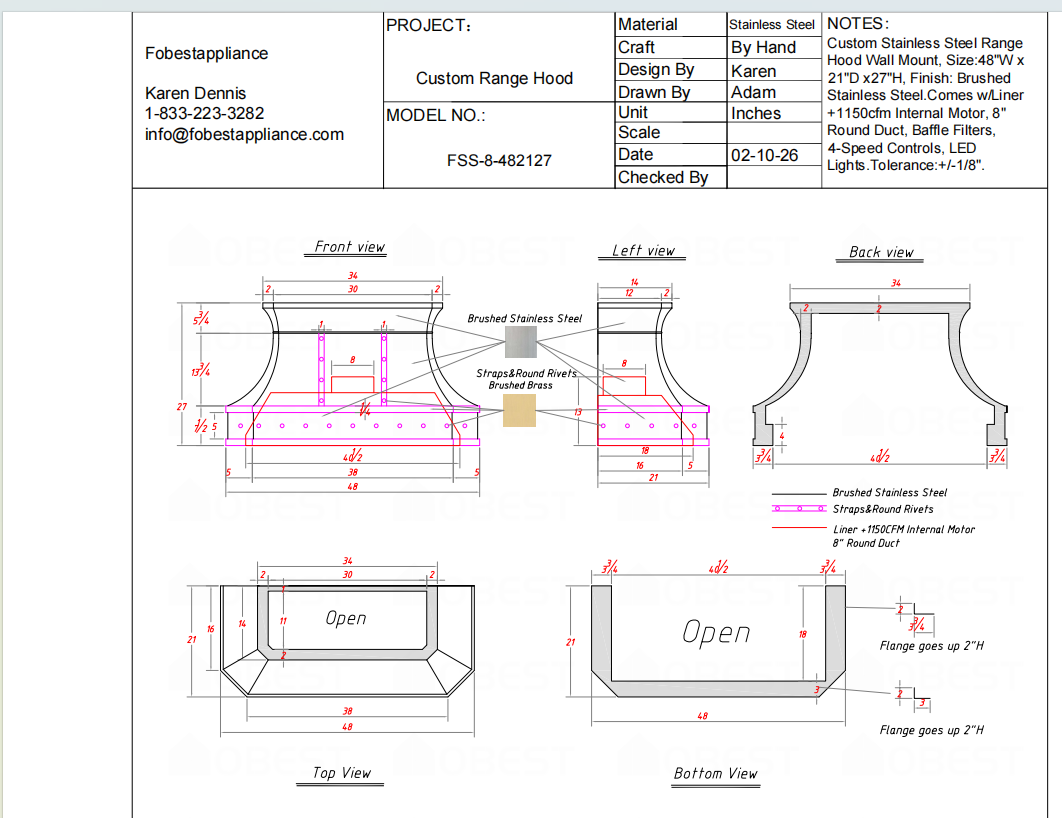 Fobest Custom Range Hood 50% Deposit FSS-8 Custom Link for Ross