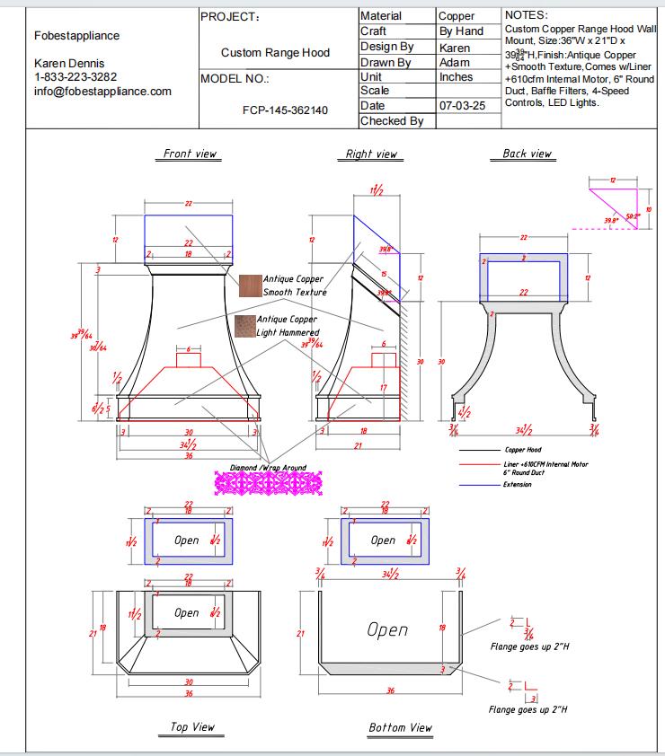 Fobest Custom Range Hood Extension - Custom Link for Lisa Wirfel