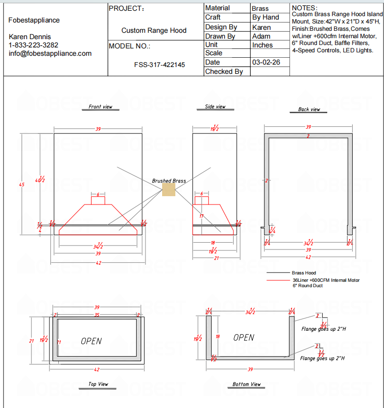 Fobest Custom Range Hood-FSS-317 Custom Link for Sachin