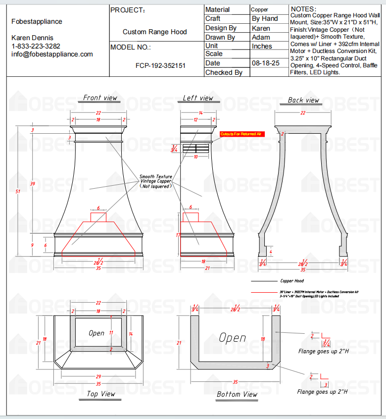 Fobest Custom Kitchen Vent Hood - Custom Link for Yolanda