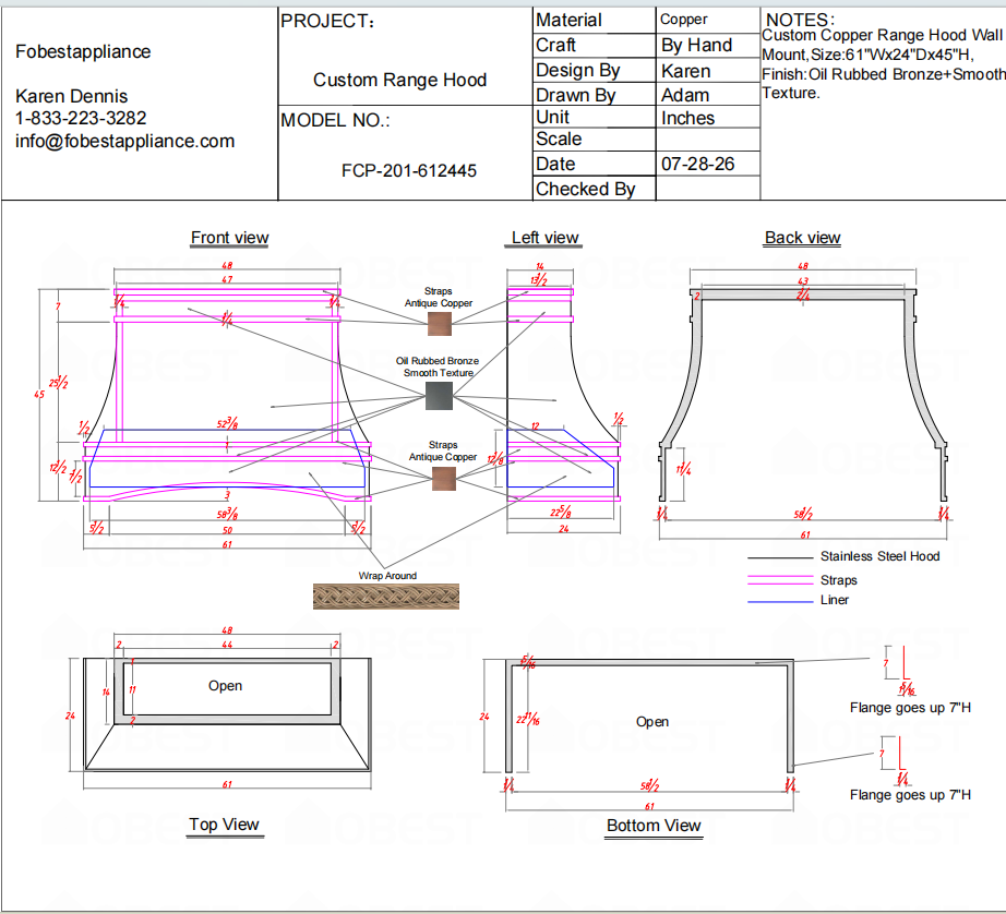 Fobest Custom Range Hood-FCP-201 Oil Rubbed Bronze Metal Range Hood Custom Link for Vinnie