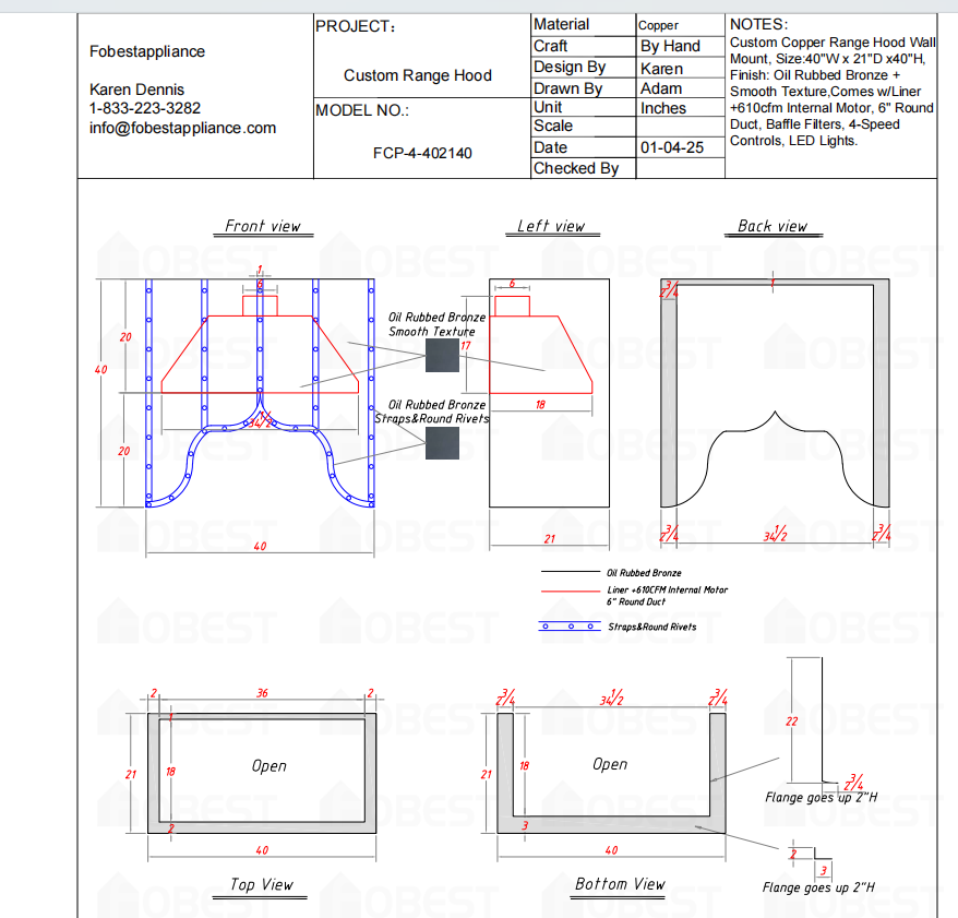 FOBEST Custom Metal Range Hood- FCP-4 Custom Link for Nicole