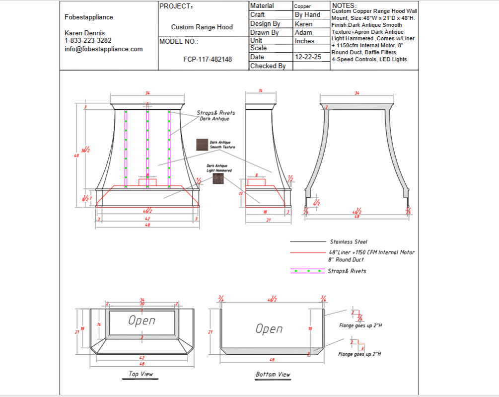 Fobest Custom Range Hood Model FCP-117 — Custom Order Link for Arthur