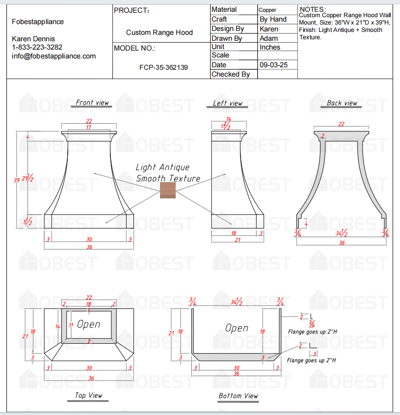 Fobest Custom Metal Range Hood - Custom Link for Christina