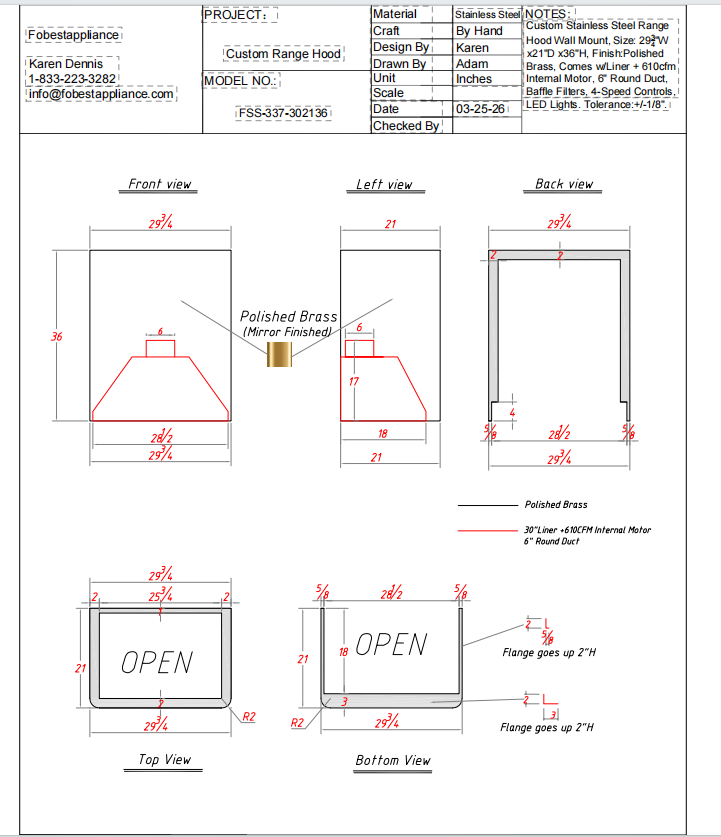 Fobest Custom Range Hood-FSS-337 Custom Link for Mary