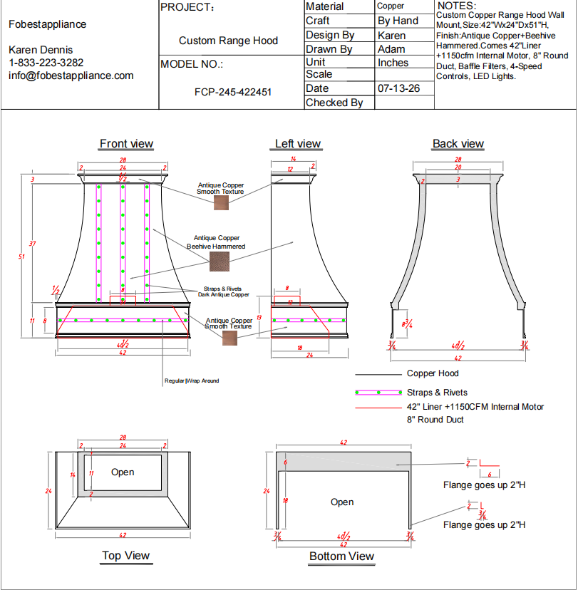 Fobest Custom Range Hood-FCP-245 Copper Metal Range Hood Custom Link for Chris