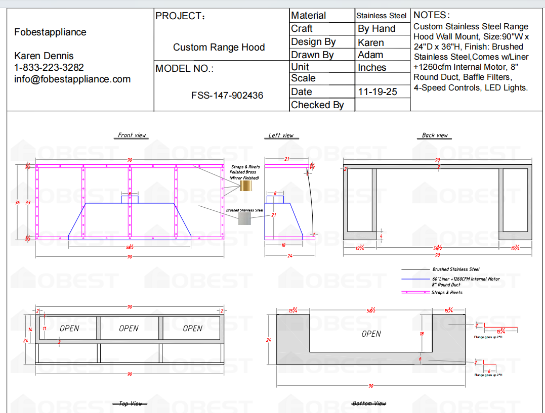 Fobest Custom Metal Range Hood FSS-147 - Custom Link for Dina Bandman