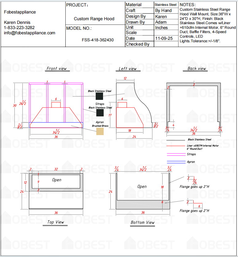 Fobest Custom Metal Range Hood FSS-418 - Custom Link for Cindy
