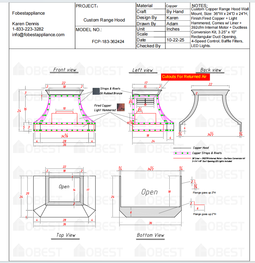 Fobest Custom Metal Range Hood & Copper Sink-Custom Link for Laura Brego
