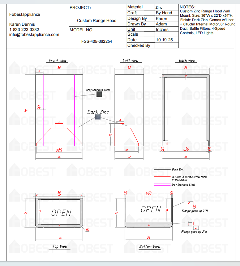 Fobest Custom Metal Range Hood FSS-405 - Custom Link for Gail Marshall Interiors
