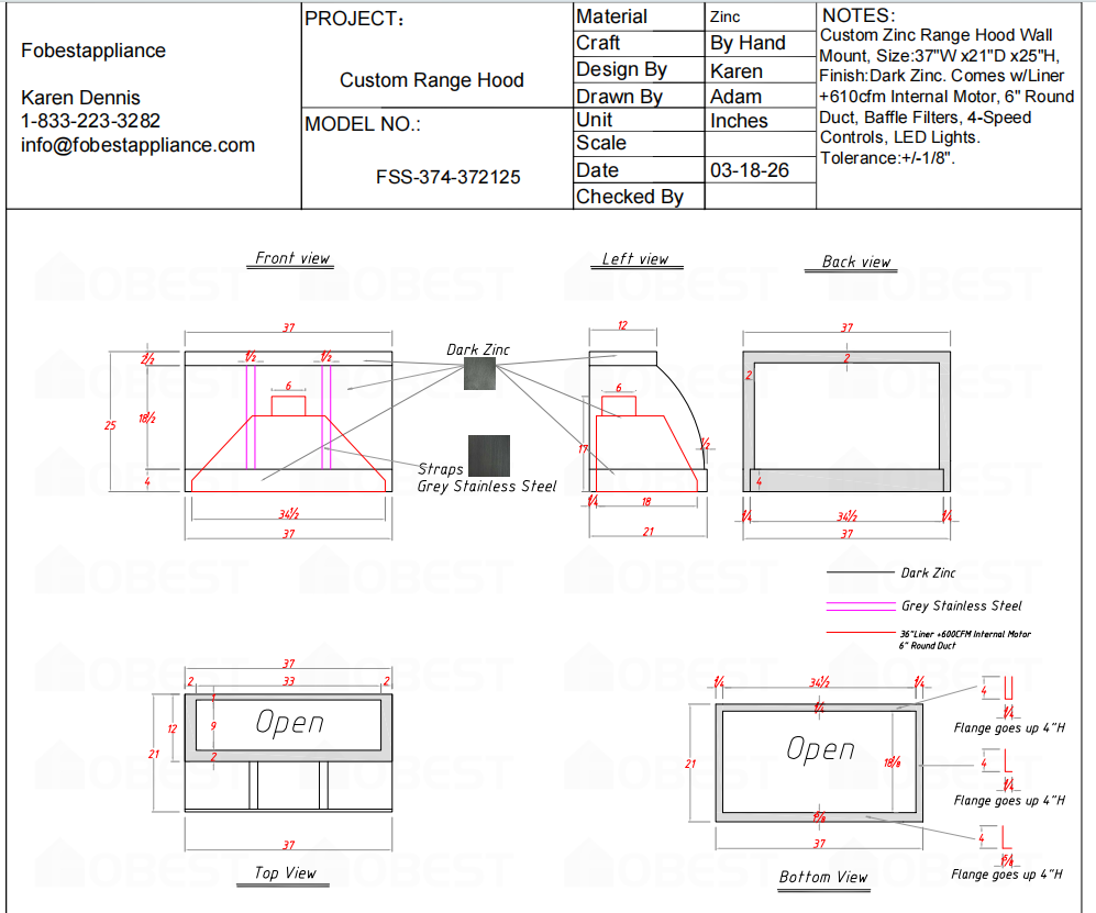 Fobest Custom Range Hood-FSS-374 Custom Link for Daniela