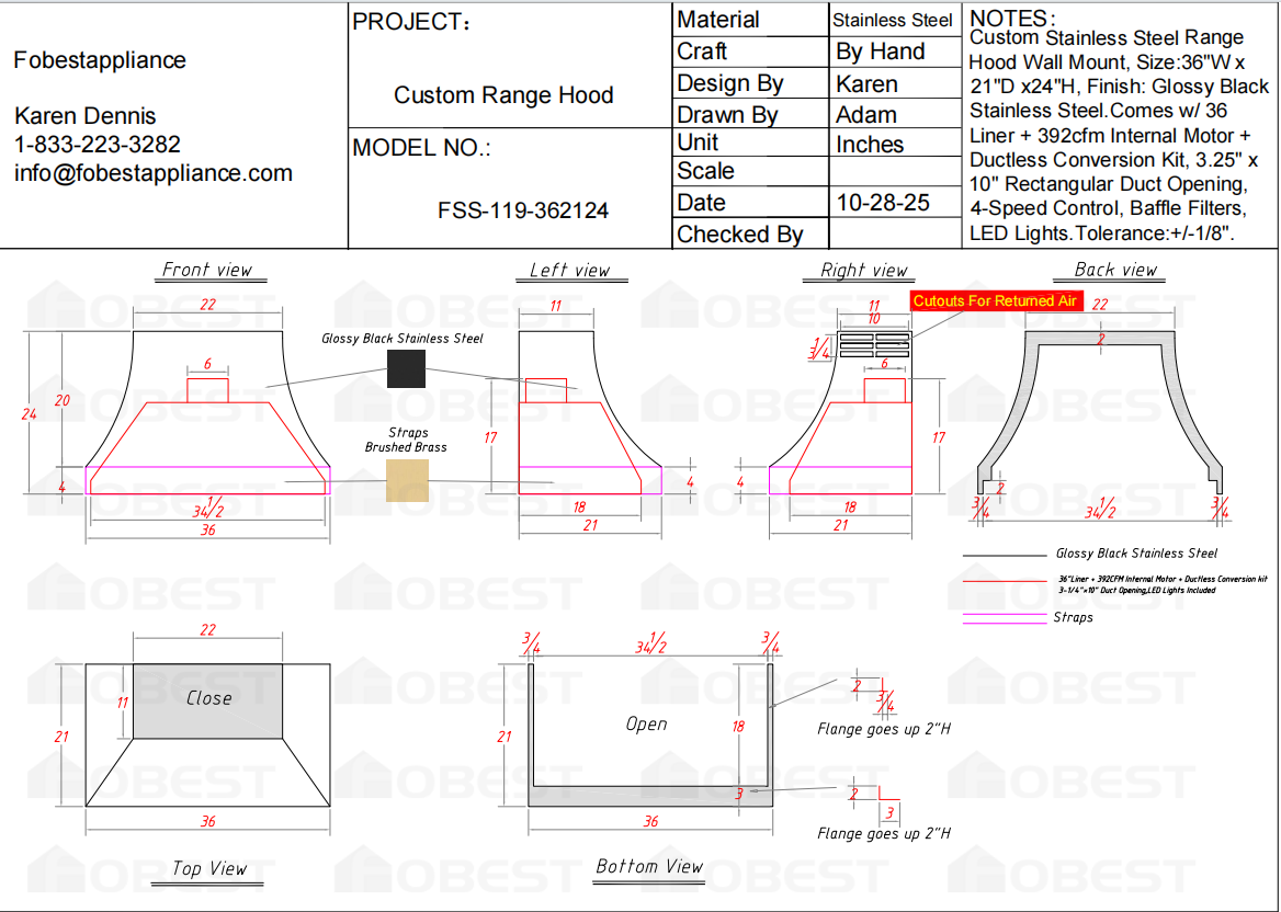 Fobest Custom Metal Range Hood FSS -119 -Custom Link for Ellie Bernholz