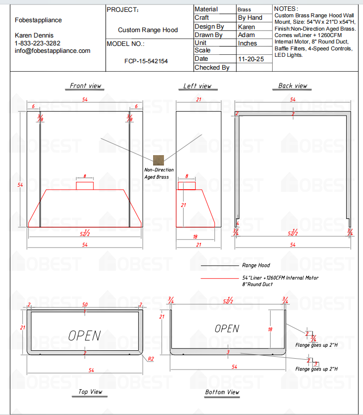 Fobest Custom Metal Range Hood - Custom Link for Adi Gabbai
