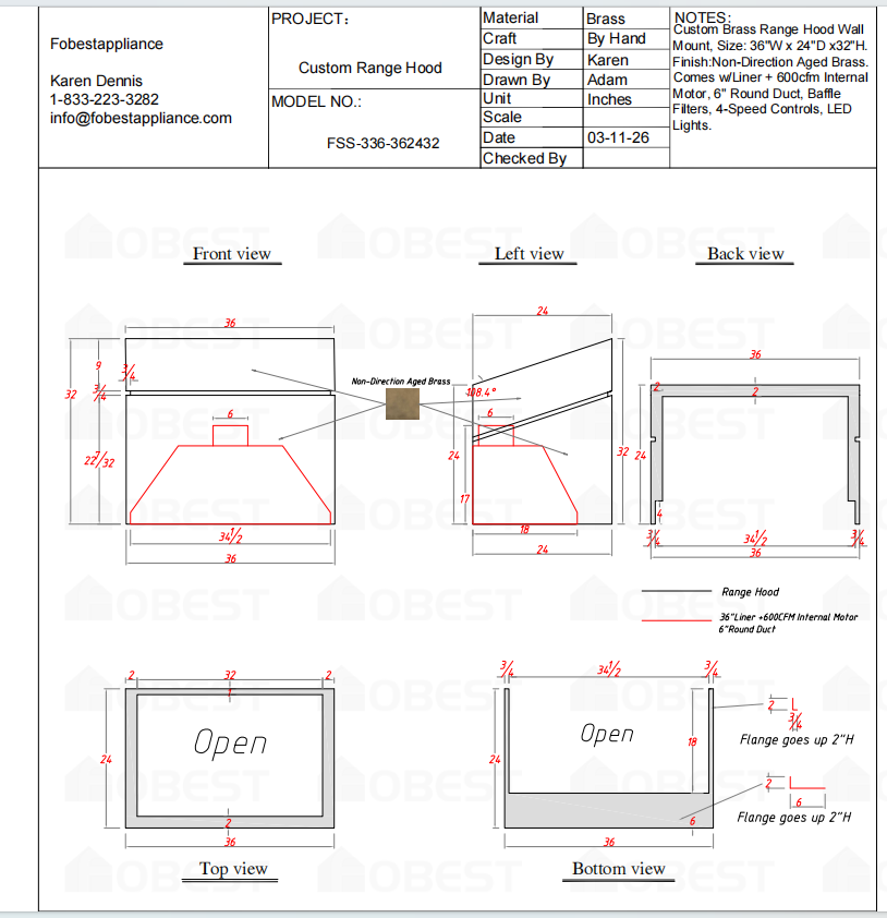 Fobest Custom Range Hood FSS-336 Custom Link for Tracy