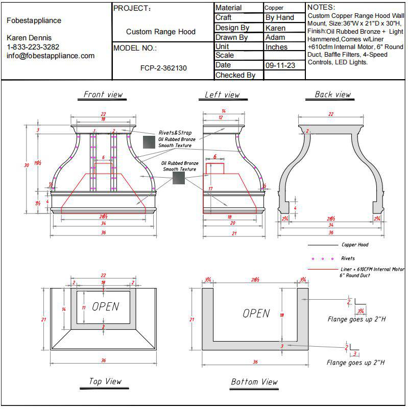 Fobest copper range hood order-FA1071-30"H - -Fobest Appliance
