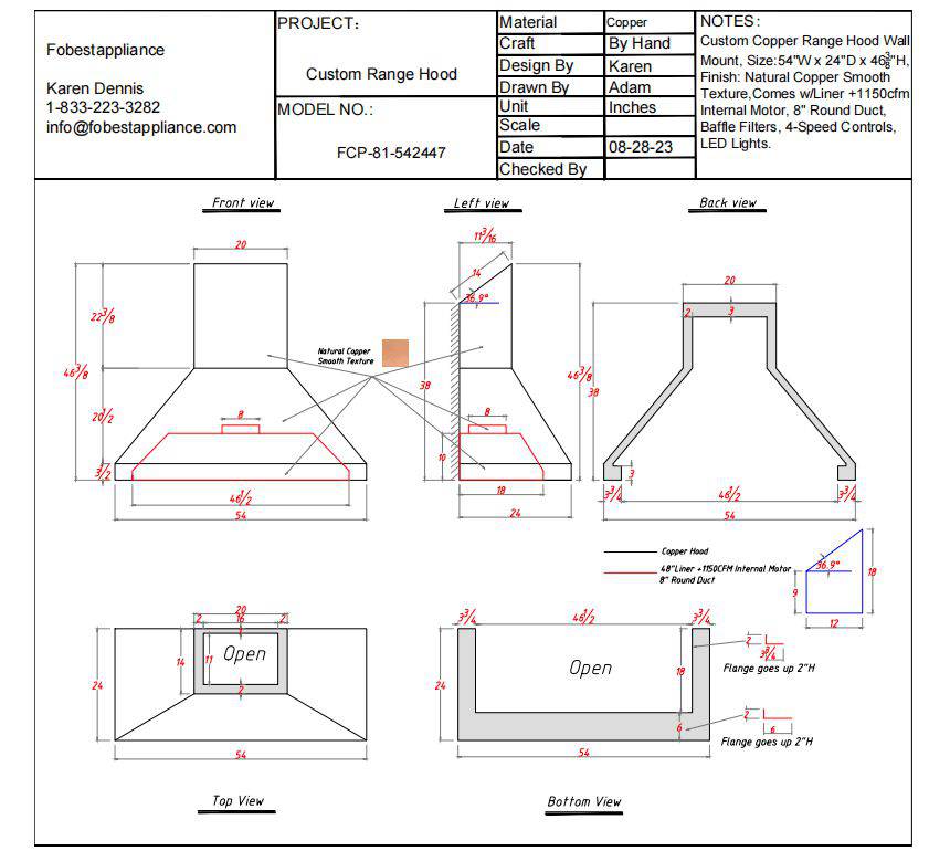 Fobest custom copper range hood-custom link for Tracy - -Fobest Appliance