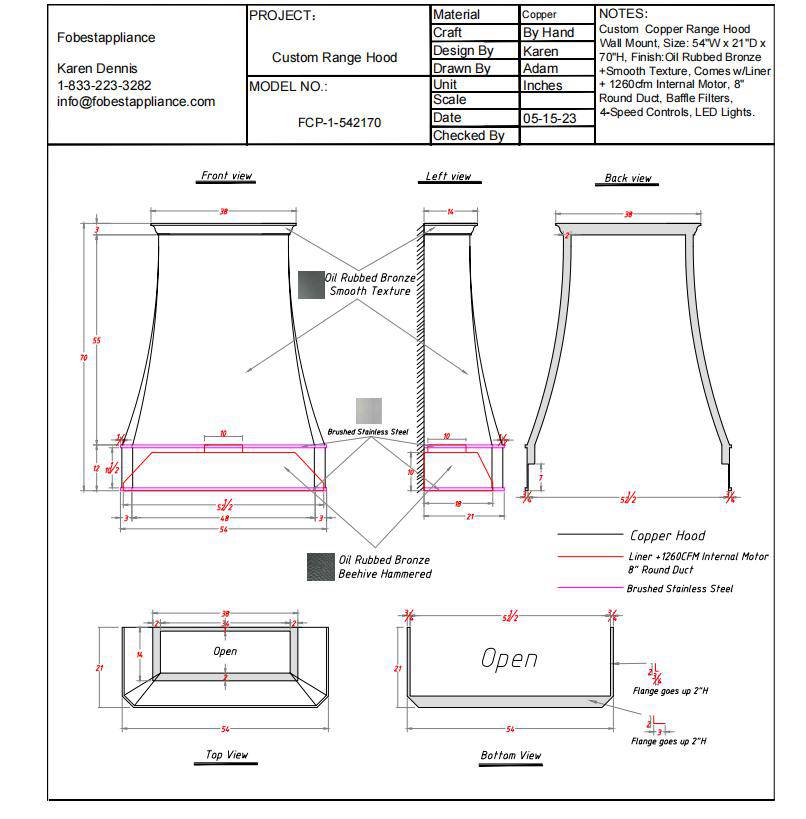Fobest Custom Link for FCP-1 (54"W x 21"D x 70"H) - Copper Range Hood-Fobest Appliance
