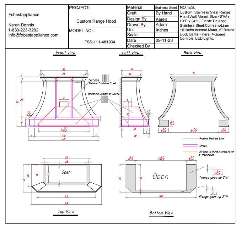 Fobest custom stainless steel range hood FSS-111 for Laura - -Fobest Appliance