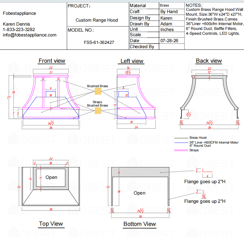 Fobest Custom Range Hood-FSS-61 Brushed Brass Range Hood  Metal Range Hood Custom Link